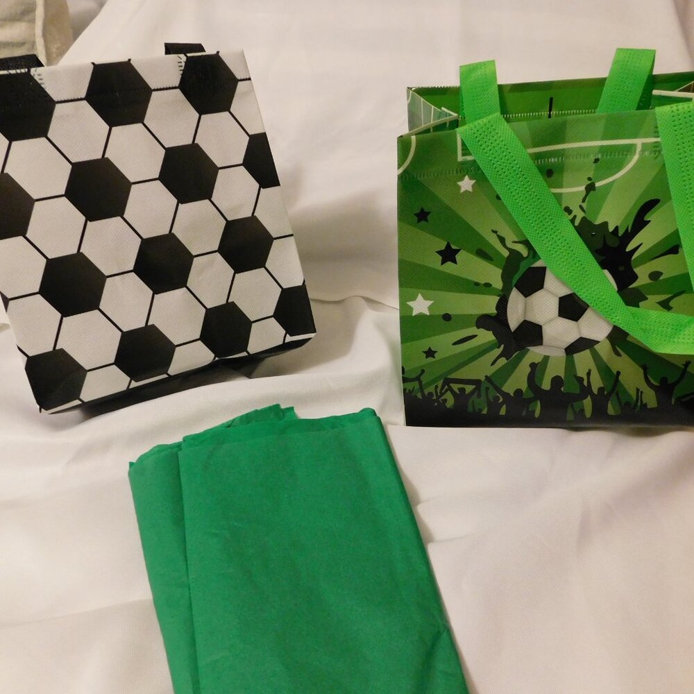 Brand New: 24 pc Non-woven Gift Bags w/ Tissue Paper - 2 Soccer patterns